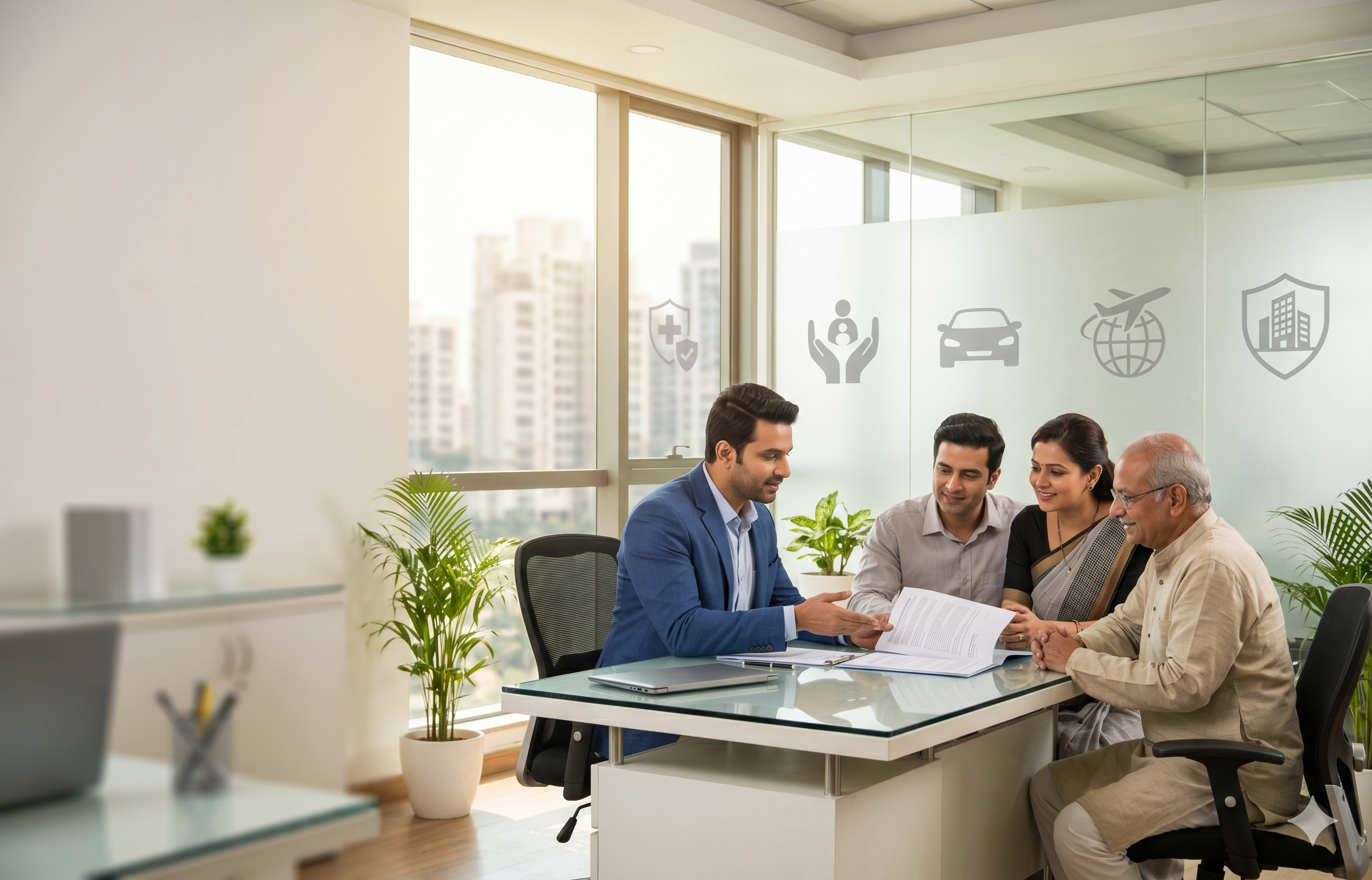 Indian family reviewing insurance protection